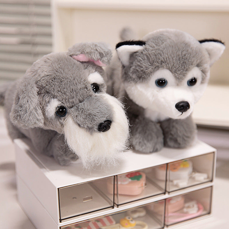 Mini dog plush featuring a cute schnauzer and husky, perfect for dog lovers and soft toy collectors.
