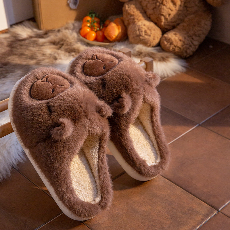Cozy capybara slippers for indoors with soft fur exterior and comfortable sole.