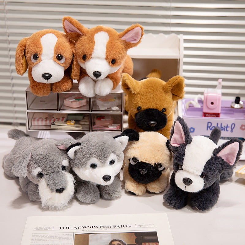 Mini dog plush collection with various breeds, soft and cuddly stuffed animals for dog lovers.