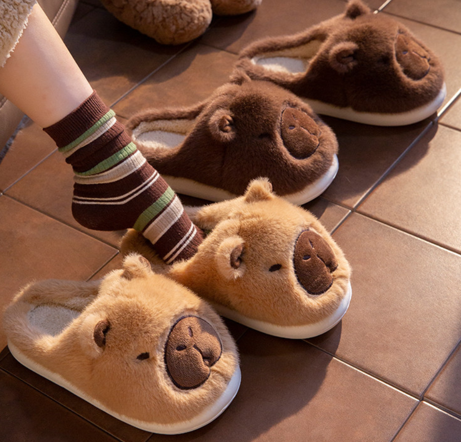 Cozy capybara slippers for indoors in various colors, perfect for relaxation and comfort.